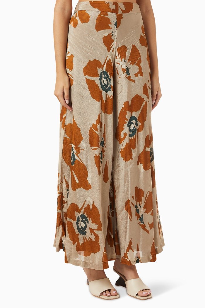 Floral Flared Pants in Chiffon, Brown