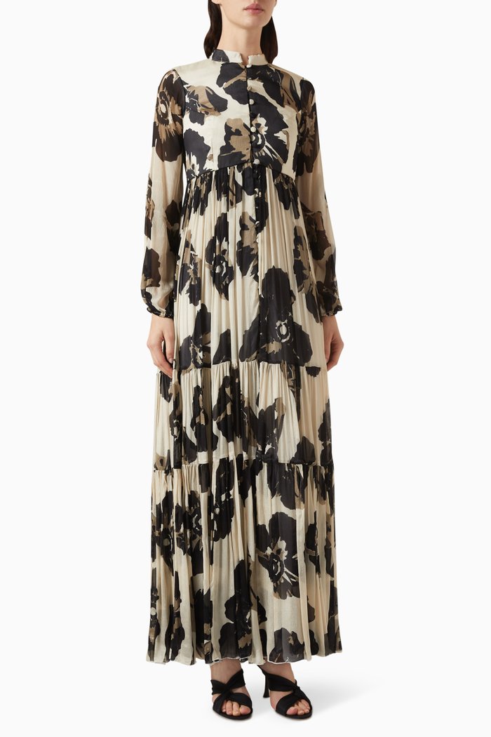

Floral Long Dress in Chiffon, Black