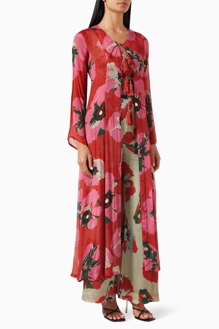 Floral Cape, Top & Pants Set in Chiffon, Multicolour