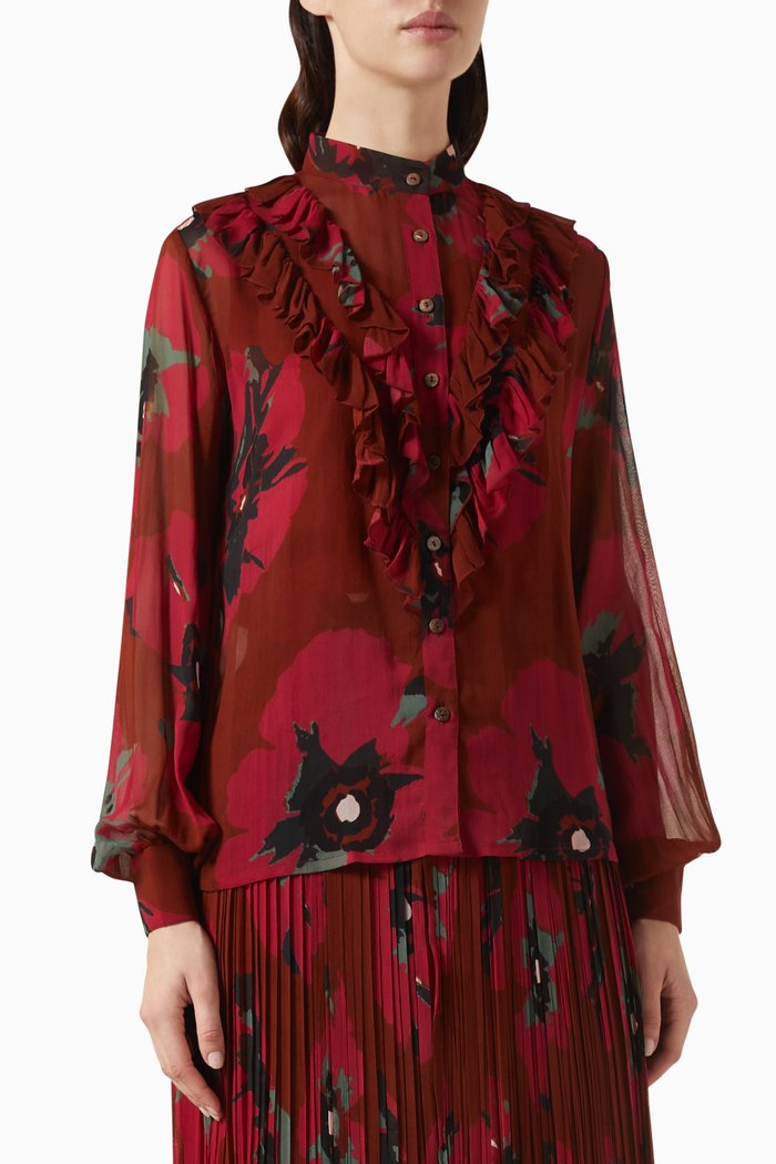 

Floral Frill Top in Georgette, Red