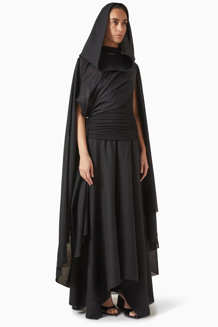 

Deema Al Asadi Hooded Kaftan Coat in Twill Suiting, Black