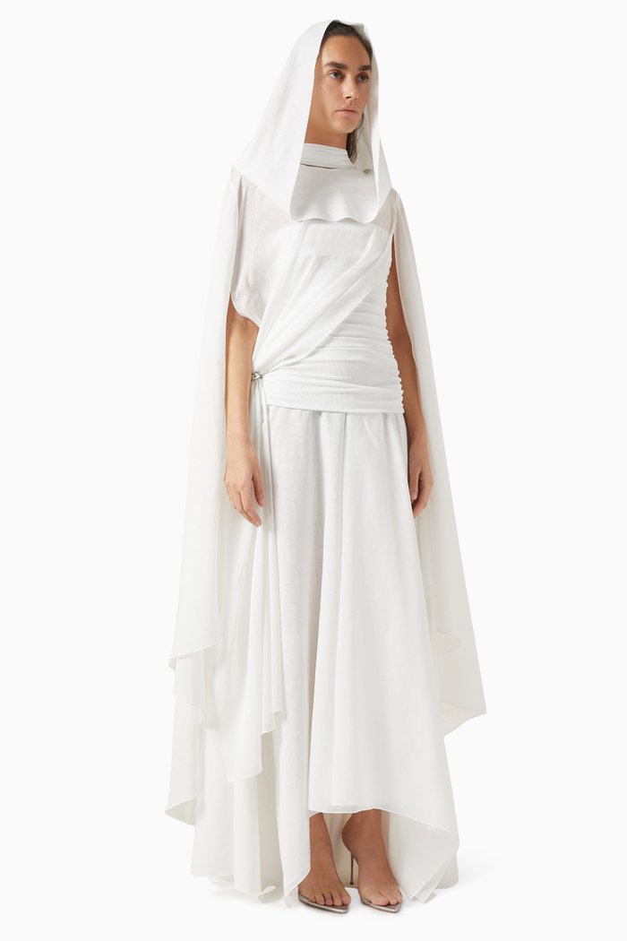 

Deema Al Asadi Hooded Kaftan Coat in Twill Suiting, White