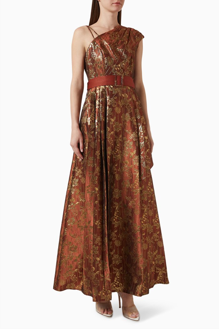 

One-shoulder Maxi Dress in Metallic Jacquard, Red