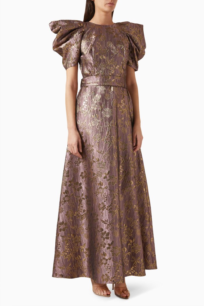 Puff-sleeve Maxi Dress in Metallic Jacquard, Gold