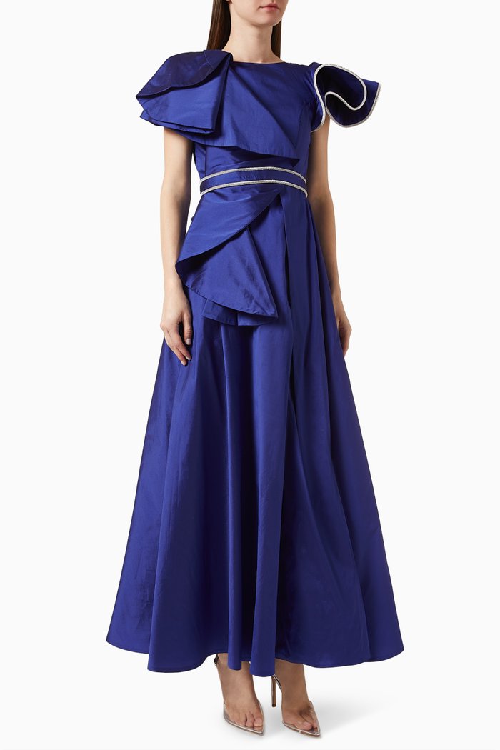 

Ruffled Panel Belted Maxi Dress, Blue