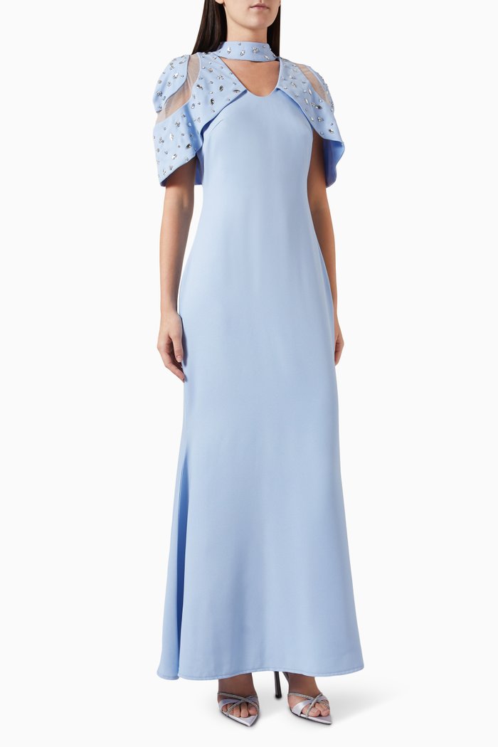 

Embellished Cape Dress in Crepe, Blue