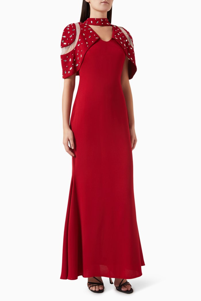 

Embellished Cape Dress in Crepe, Red