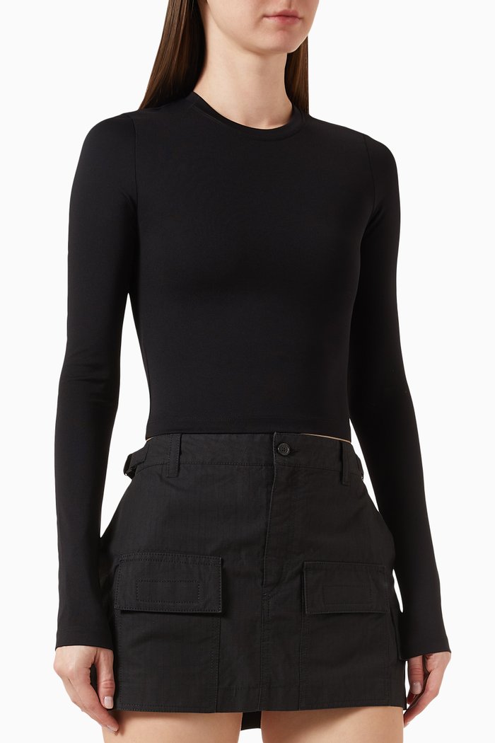 

Long-sleeved Cropped T-shirt in Stretch Jersey, Black
