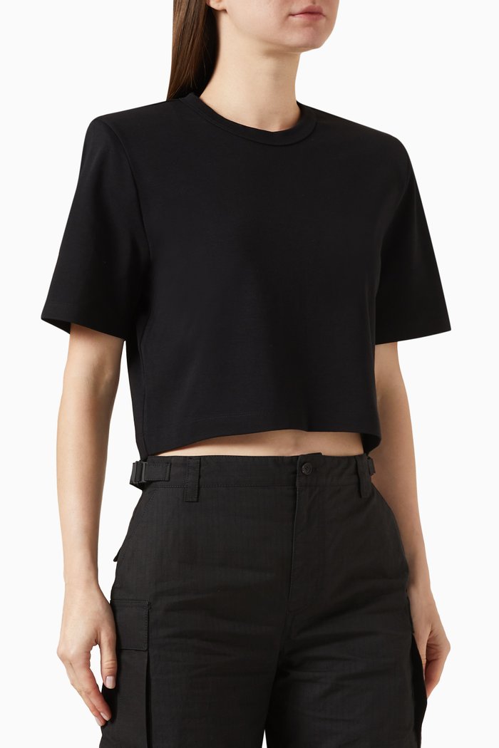Crop Shoulder-pad T-shirt in Cotton, Black