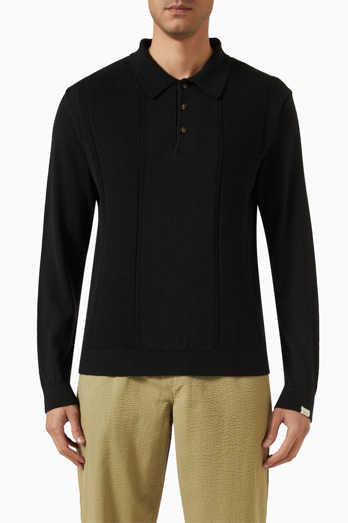 

Astern Long-sleeved Polo Shirt in Wool-blend Knit, Black