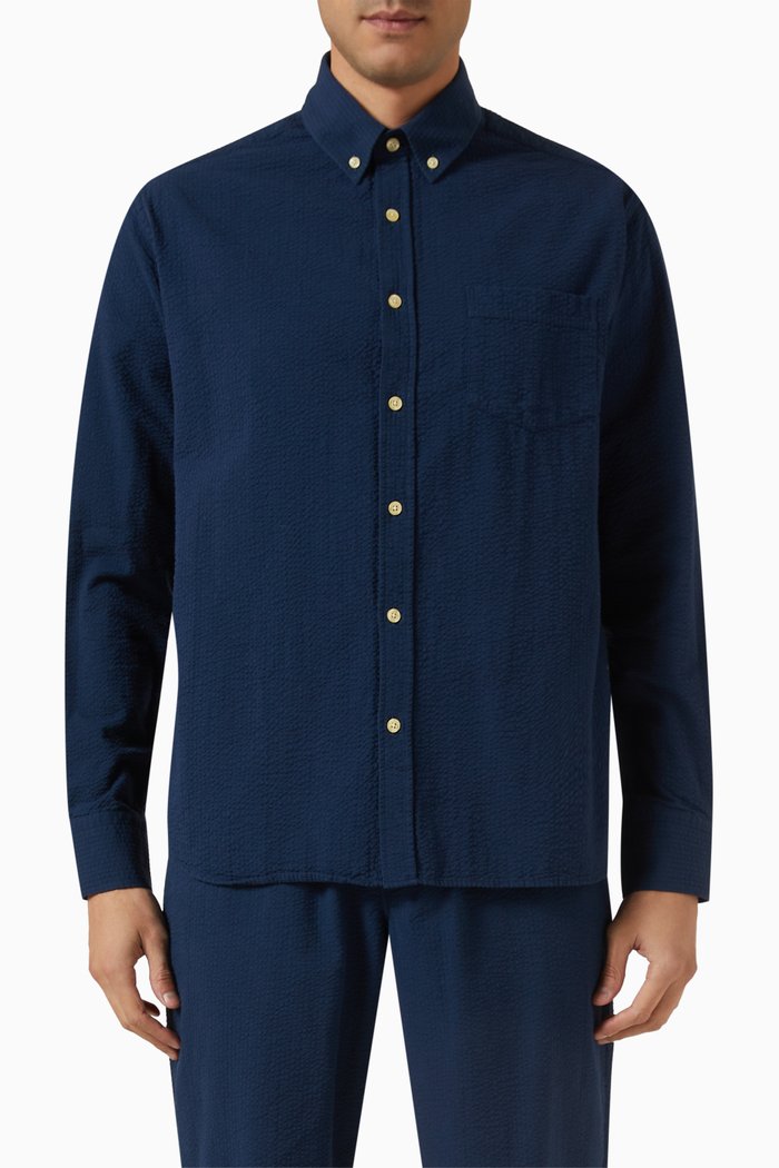 

Bush Textured Shirt in Cotton Seersucker, Blue