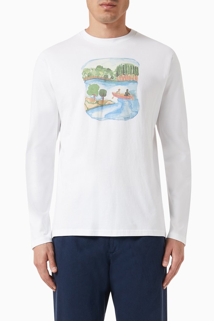 

Canoe Print Long Sleeved T-Shirt in Organic Cotton, White