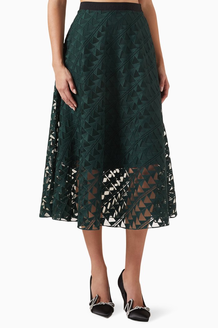 Logo-embroidered Midi Skirt in Mesh, Green