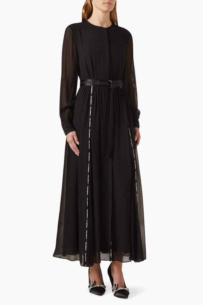 

Logo-tape Belted Maxi Dress in Chiffon, Black