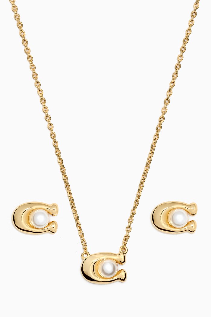 

C Pearl Necklace & Earrings in Gold-plated BrassSet in Gold-plated Brass