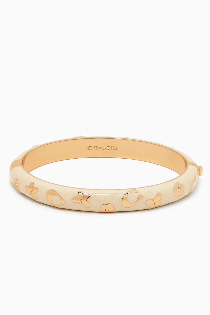 Enamel Floral Bangle in Brass, White