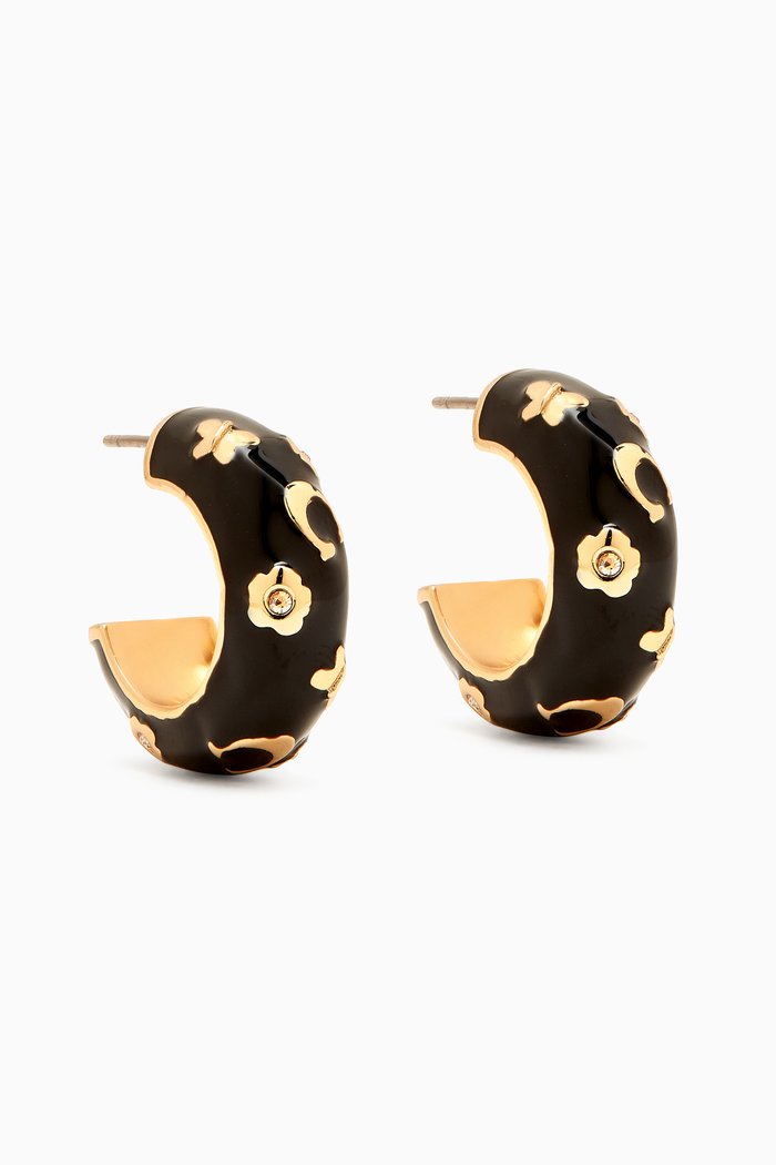 

Floral Enamel Huggie Earrings in Brass, Black