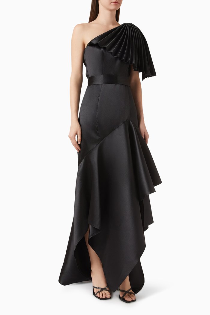 

Ruffled One-shoulder Dress in Mikado, Black