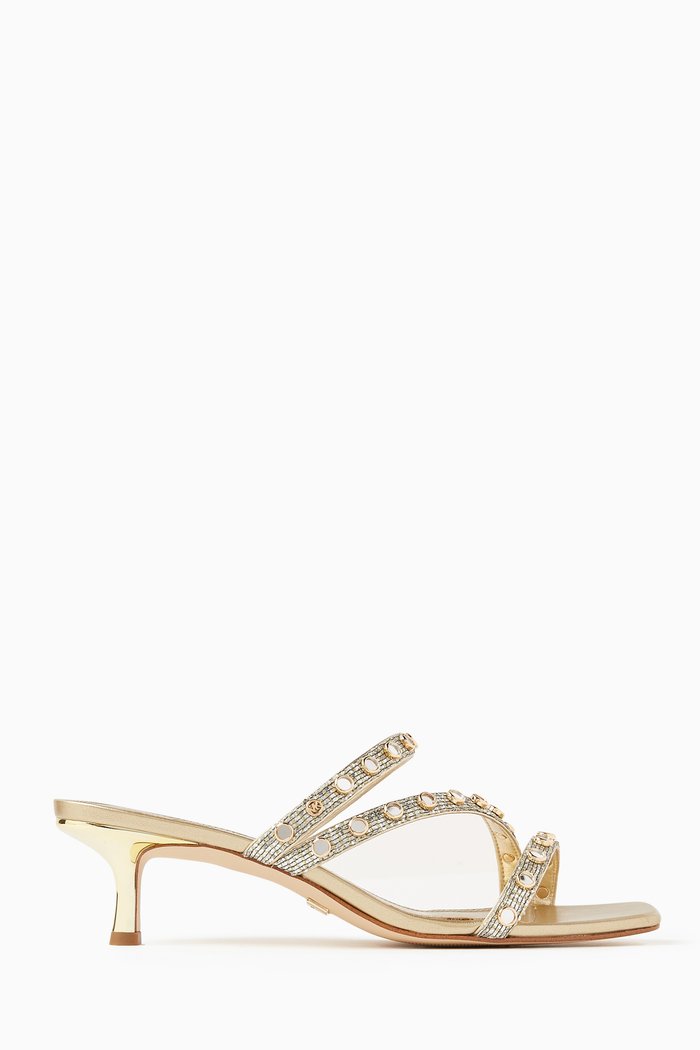 

Embellished Strappy Sandals in Metallic Leather, Gold