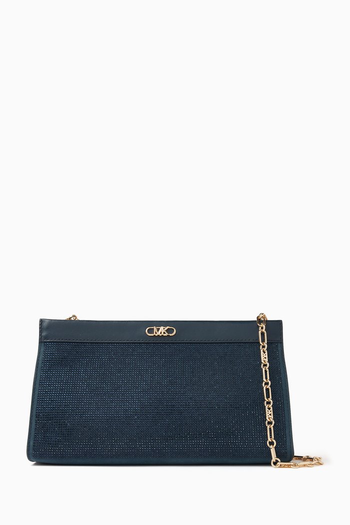

Rhinestone-embellished Clutch Bag in Leather, Blue
