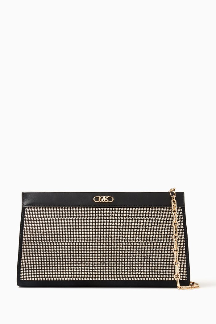 Rhinestone-embellished Clutch Bag in Leather, Black