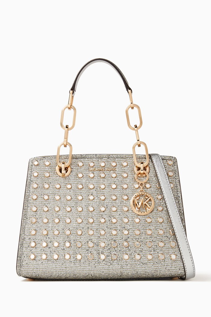 

Mirror-embellished Top Handle Bag, Silver