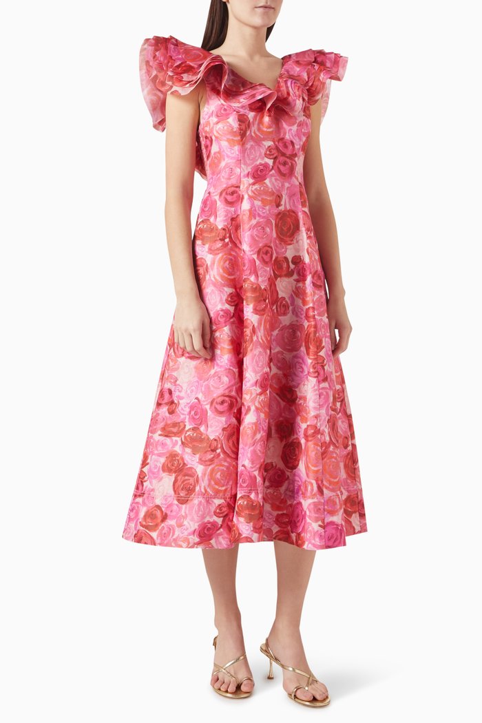 

Enchanted Plunge Midi Dress in Linen, Pink