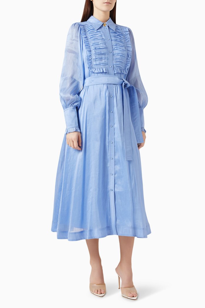 

Iris Pleated Midi Dress in Organza, Blue