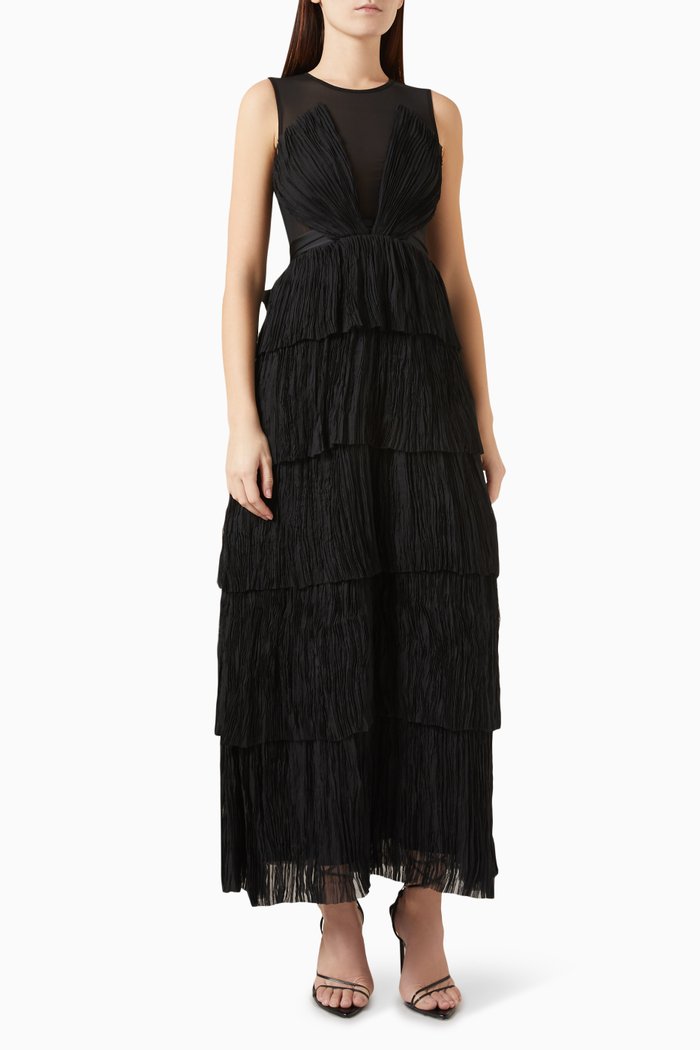 Escapist Maxi Dress in Mesh & Chiffon, Black