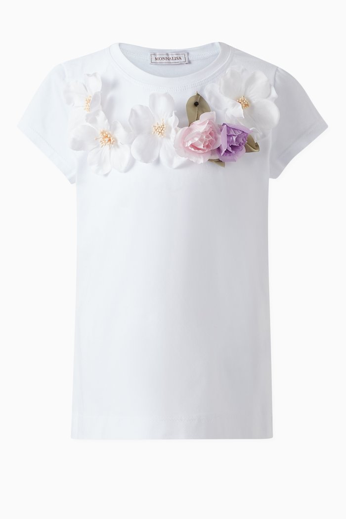

Floral Embellished T-shirt in Cotton, White
