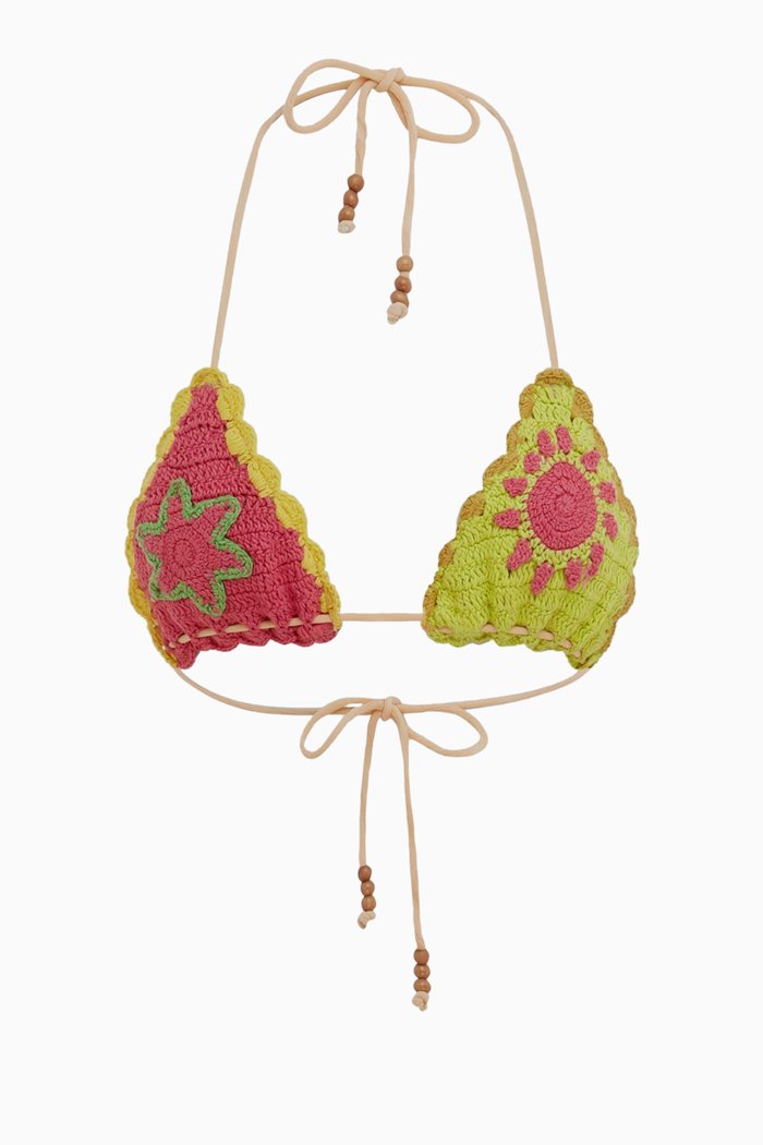 The Crochet Tri Bikini Top in Cotton, Multicolour
