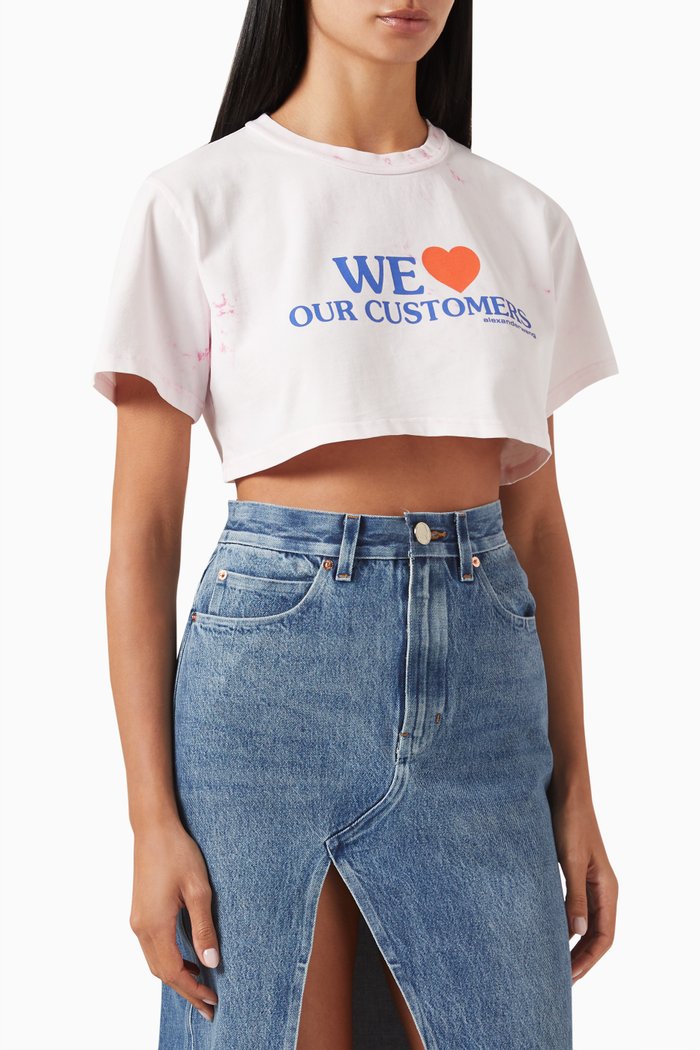 

'We Love Our Customers' Cropped T-shirt in Cotton, Pink