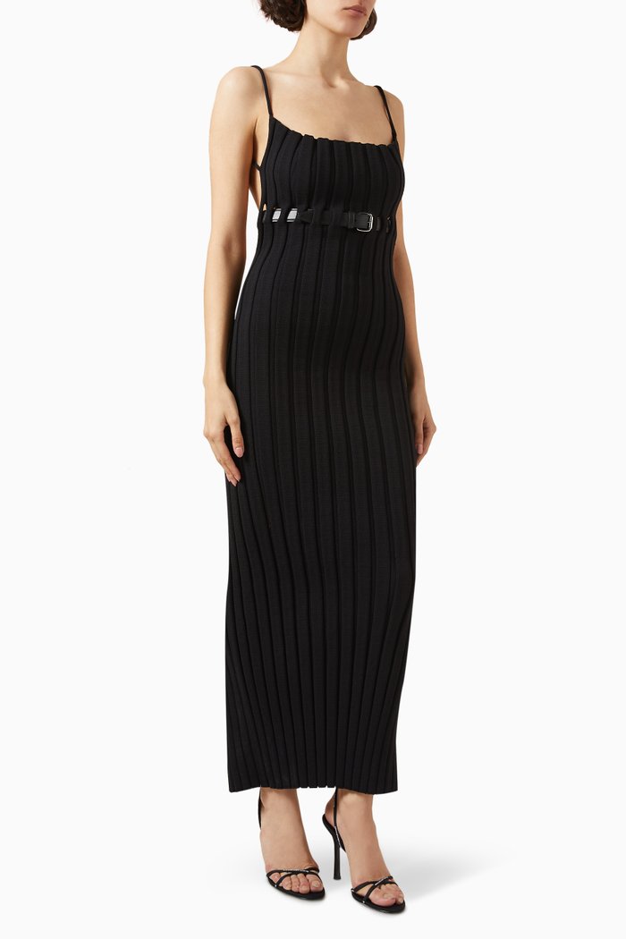 

Belted Maxi Tank Dress in Nylon Rib-knit, Black