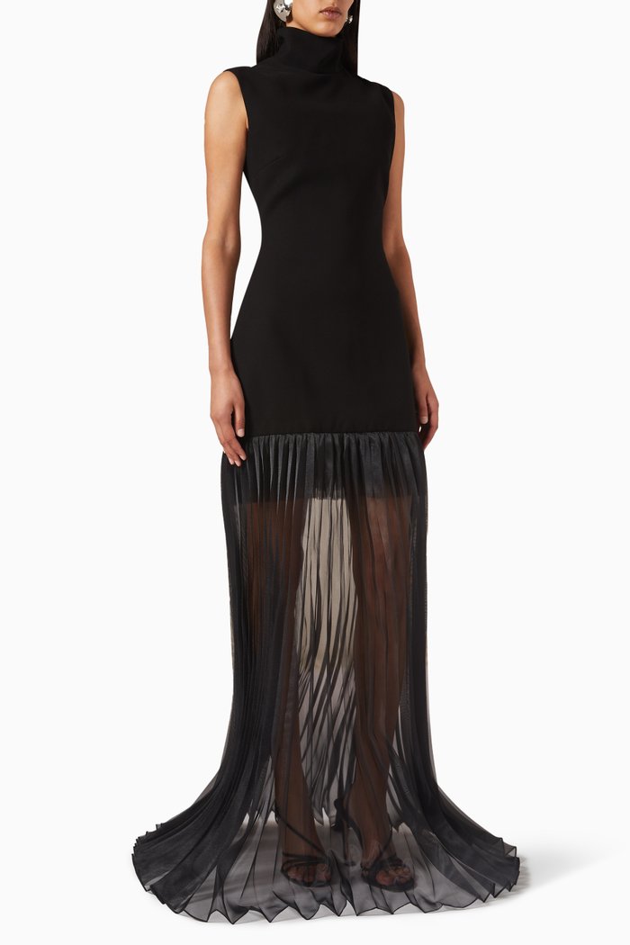 High-neck Chiffon Skirt Maxi Dress, Black