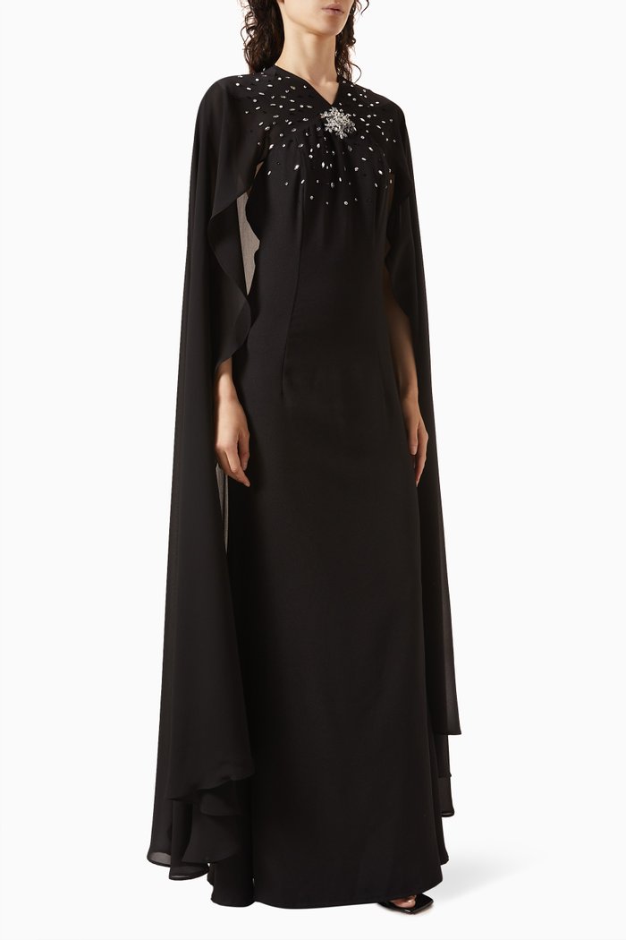 Embellished Cape-style Sleeves Maxi Dress, Black