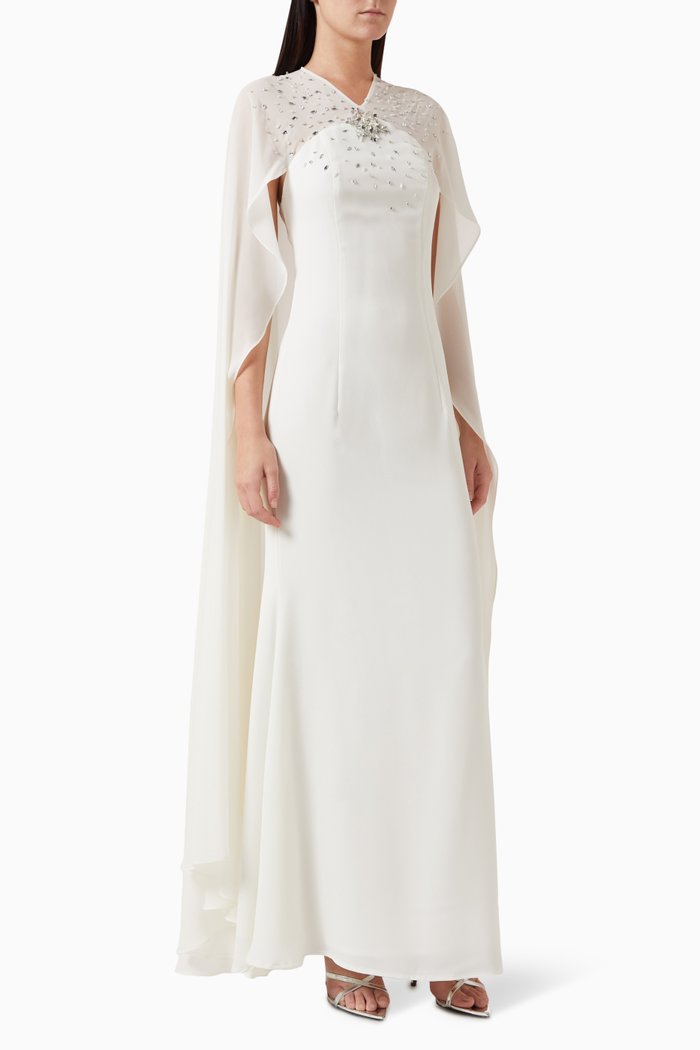 

Embellished Cape-style Sleeves Maxi Dress, Neutral