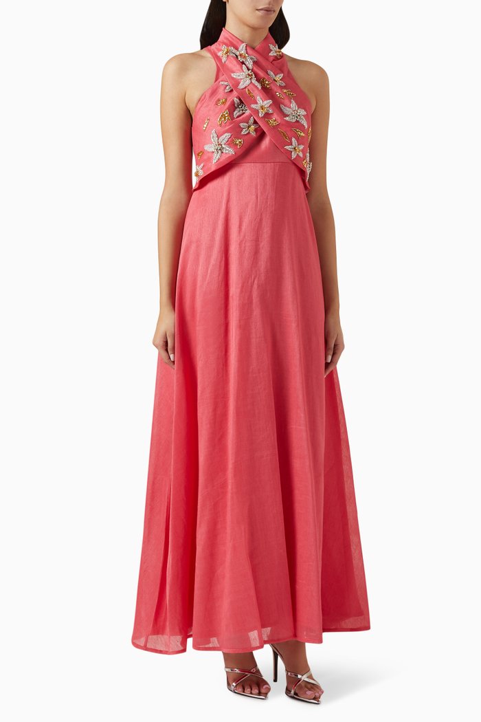 

Embellished Maxi Dress in Linen, Pink