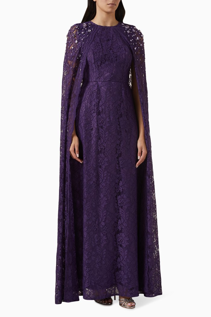 

Embellished Cape-style Maxi Dress in Lace, Purple