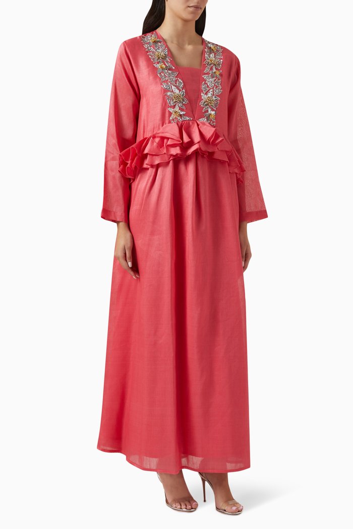 Floral Embroidery Maxi Dress in Linen-silk, Pink