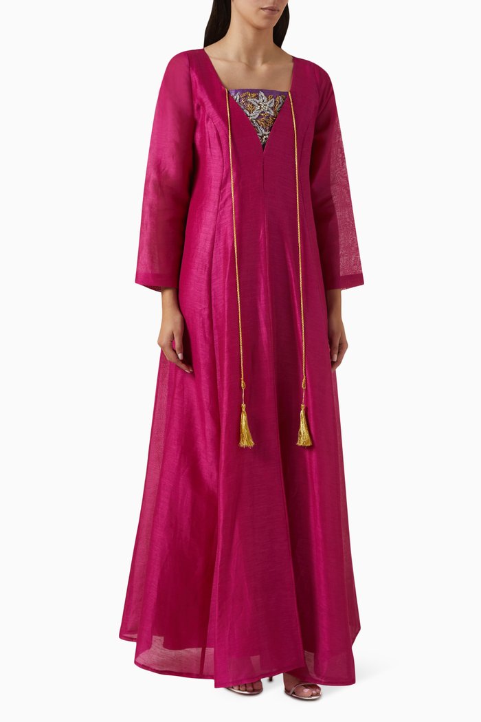 

Embellished Panel Maxi Dress in Linen-silk, Pink