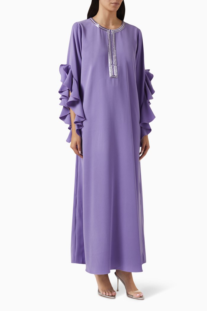 

Ruffled-sleeve Embellished-trim Kaftan in Crepe, Purple