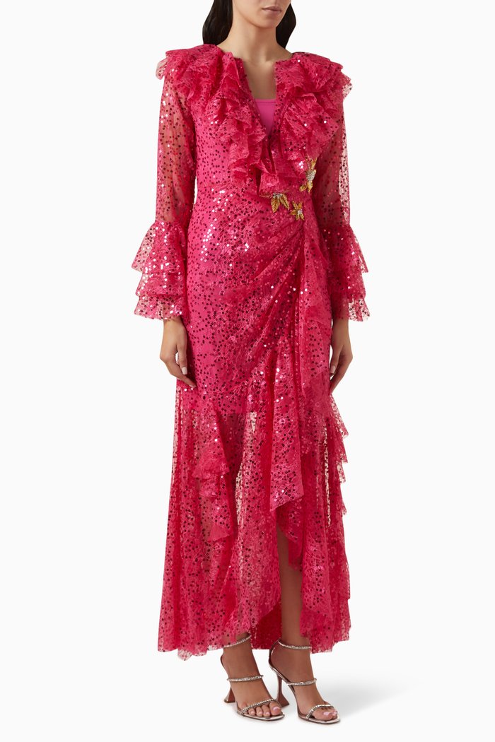 

Sequin-embellished Frill Dress in Lace, Pink