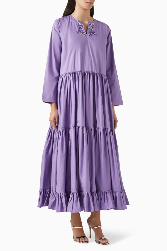 Embroidered Tiered Maxi Dress in Cotton, Purple
