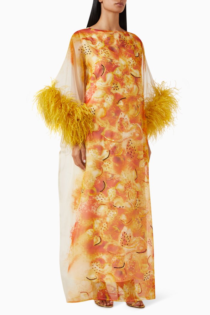 

Floral-print Feather-cuff Kaftan in Organza, Yellow