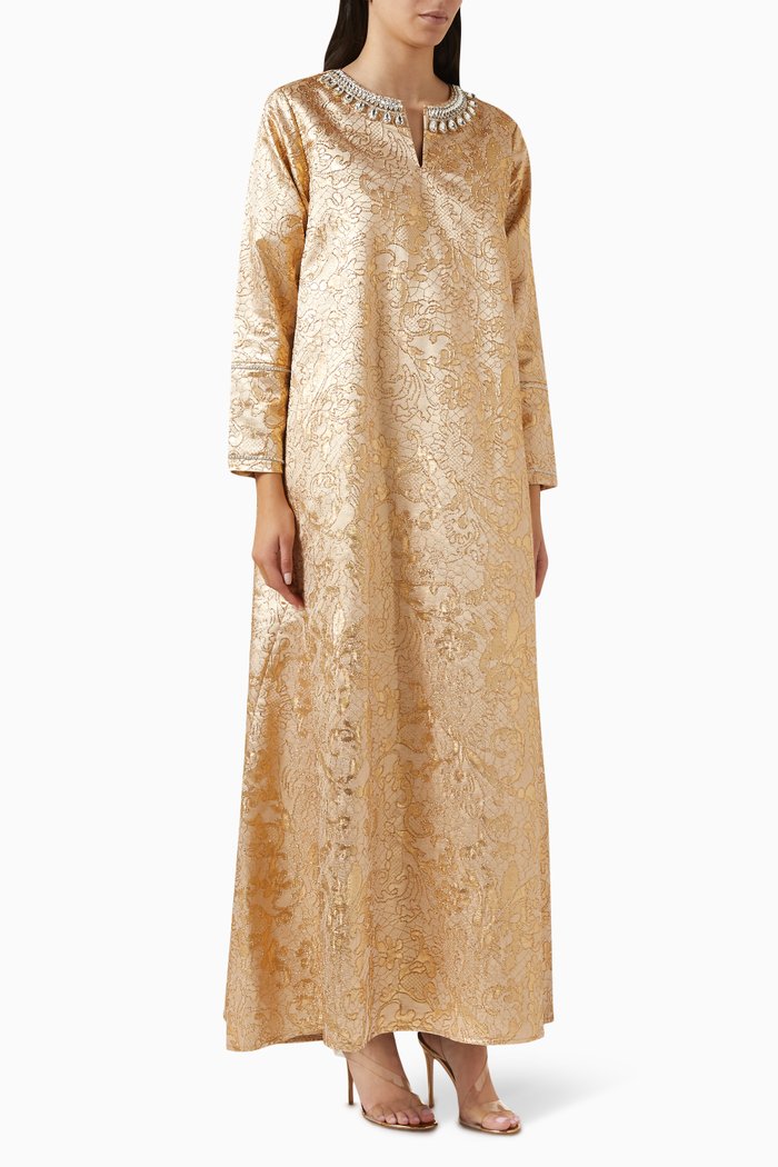 Embellished Kaftan in Jacquard, Gold