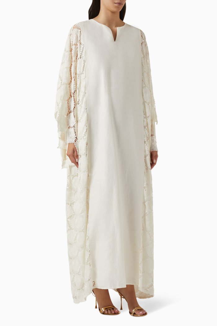

Lace Kimono-sleeves Kaftan in Linen, Neutral