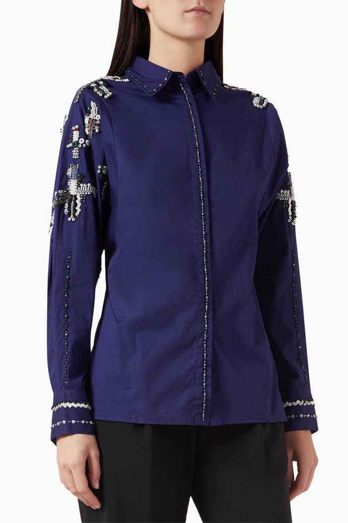 

Kiara Embroidered Shirt in Cotton Poplin, Blue