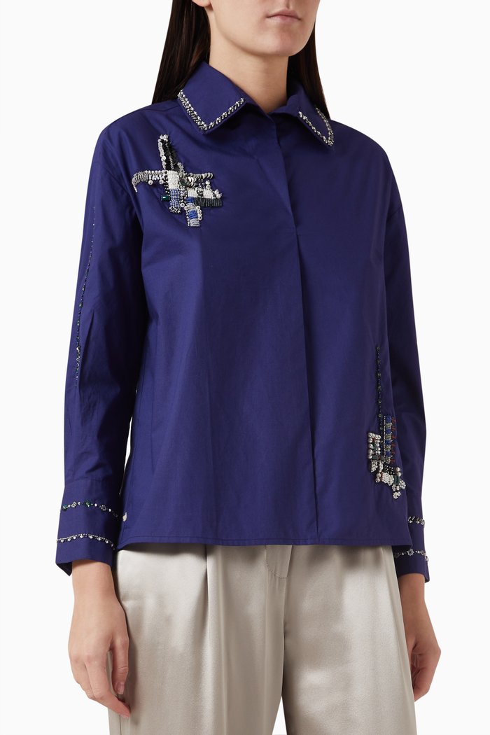 Nisha Embroidered Shirt in Cotton Poplin, Blue