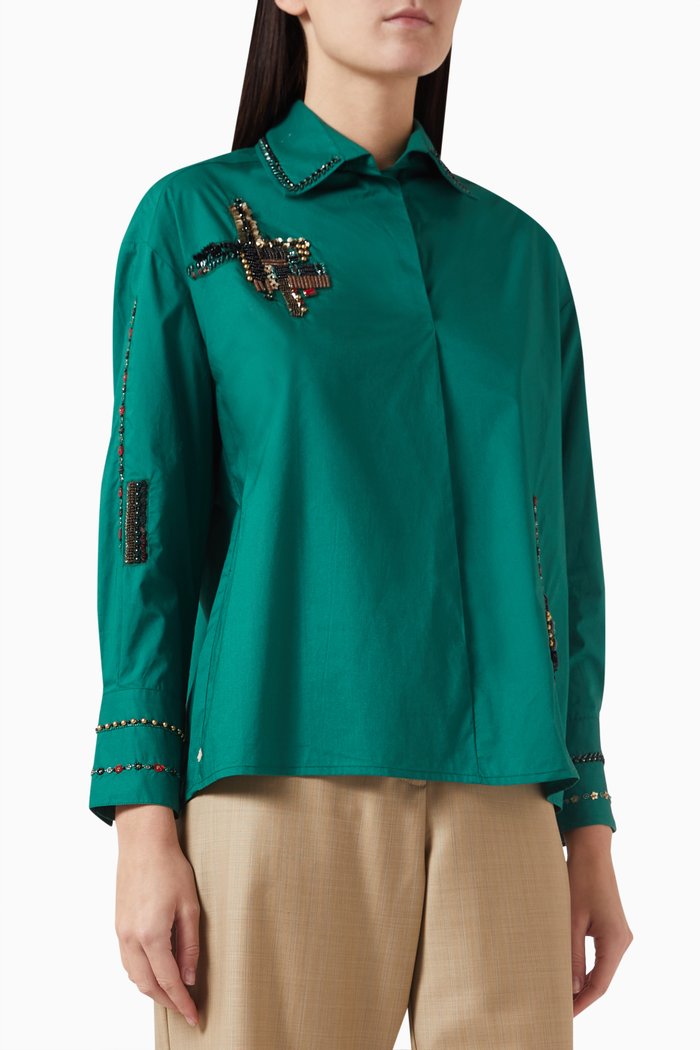 Nisha Embroidered Shirt in Cotton Poplin, Green