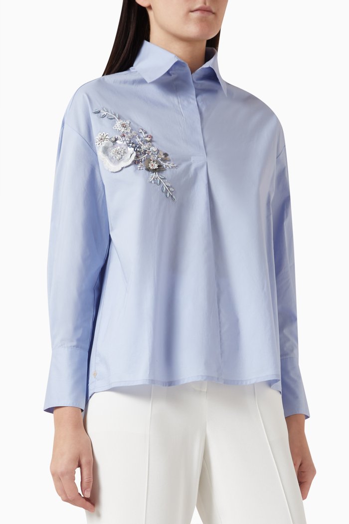 Nisha Embroidered Shirt in Cotton Poplin, Blue
